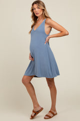 Blue Ribbed Sleeveless Front Seam Maternity Dress