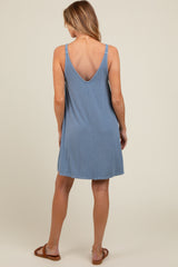 Blue Ribbed Sleeveless Front Seam Maternity Dress