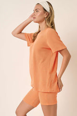 Orange Rib Knit T-Shirt And Biker Short Set