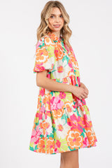 Fuchsia Floral Collared Button Up Tiered Dress