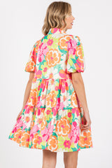 Fuchsia Floral Collared Button Up Tiered Dress