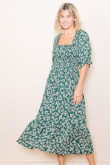 Green Square Neck Smocked Maternity Dress