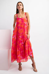 Fuchsia Leaf Print Sleeveless Tiered Midi Dress