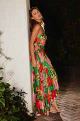 Multicolor Floral Satin Pleated One Shoulder Maxi Dress