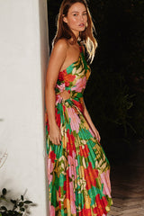 Multicolor Floral Satin Pleated One Shoulder Maxi Dress