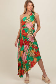 Multicolor Floral Satin Pleated One Shoulder Maternity Maxi Dress