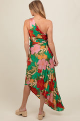 Multicolor Floral Satin Pleated One Shoulder Maternity Maxi Dress