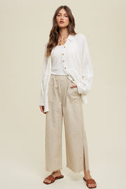 Taupe Striped Linen Slit Hem Pants