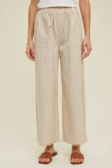 Taupe Striped Linen Slit Hem Pants