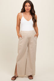 Taupe Striped Linen Slit Hem Maternity Pants