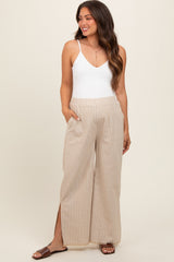 Taupe Striped Linen Slit Hem Maternity Pants