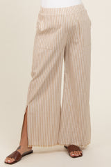 Taupe Striped Linen Slit Hem Maternity Pants