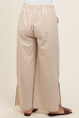 Taupe Striped Linen Slit Hem Maternity Pants