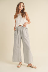 Heather Grey Striped Linen Slit Hem Maternity Pants