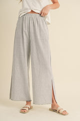 Heather Grey Striped Linen Slit Hem Pants