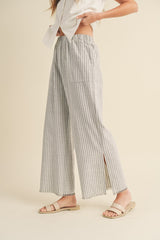 Heather Grey Striped Linen Slit Hem Pants