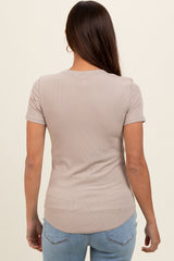 Taupe Ribbed Short Sleeve Curved Hem Maternity Top