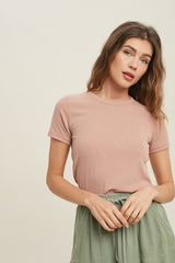 Light Pink Ribbed Short Sleeve Curved Hem Maternity Top