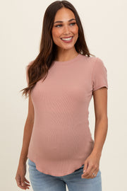 Light Pink Ribbed Short Sleeve Curved Hem Maternity Top