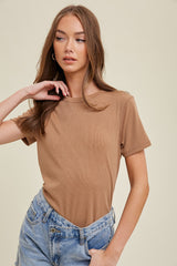 Camel Ribbed Short Sleeve Curved Hem Maternity Top