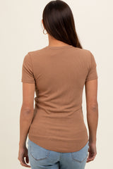 Camel Ribbed Short Sleeve Curved Hem Maternity Top