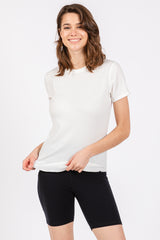 White Ribbed Short Sleeve Curved Hem Top