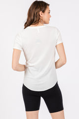 White Ribbed Short Sleeve Curved Hem Top