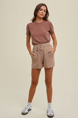 Mauve Ribbed Short Sleeve Curved Hem Top