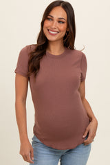 Mauve Ribbed Short Sleeve Curved Hem Maternity Top