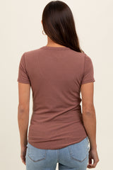 Mauve Ribbed Short Sleeve Curved Hem Maternity Top