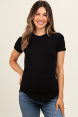 Black Ribbed Short Sleeve Curved Hem Maternity Top