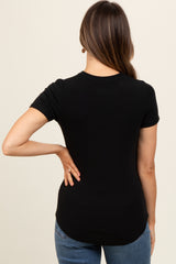 Black Ribbed Short Sleeve Curved Hem Maternity Top