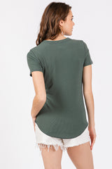 Olive Ribbed Short Sleeve Curved Hem Top