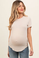 Cream Ribbed Short Sleeve Curved Hem Maternity Top