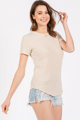 Cream Ribbed Short Sleeve Curved Hem Top