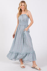 Light Blue Floral Ruffle Square Neck Smocked Waist Maxi Dress