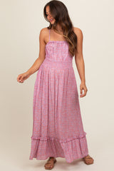 Pink Floral Ruffle Square Neck Smocked Waist Maternity Maxi Dress