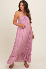 Pink Floral Ruffle Square Neck Smocked Waist Maternity Maxi Dress