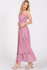 Pink Floral Ruffle Square Neck Smocked Waist Maxi Dress