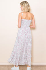 Cream Floral Ruffle Square Neck Smocked Waist Maxi Dress