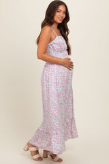 Cream Floral Ruffle Square Neck Smocked Waist Maternity Maxi Dress