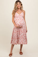 Mauve Floral Sleeveless Tiered Maternity Midi Dress