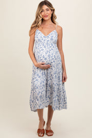 Blue Floral Sleeveless Tiered Maternity Midi Dress