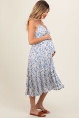 Blue Floral Sleeveless Tiered Maternity Midi Dress