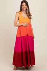 Orange Colorblock Tiered Ruffle Strap Maternity Maxi Dress