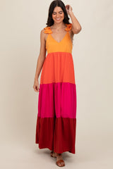 Orange Colorblock Tiered Ruffle Strap Maxi Dress