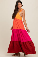 Orange Colorblock Tiered Ruffle Strap Maxi Dress