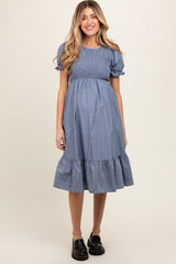 Blue Chambray Smocked Puff Sleeve Maternity Dress