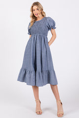 Blue Chambray Smocked Puff Sleeve Dress