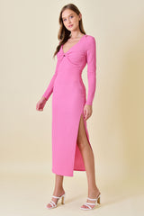 Pink Textured Long Sleeve Twist Maxi Dress